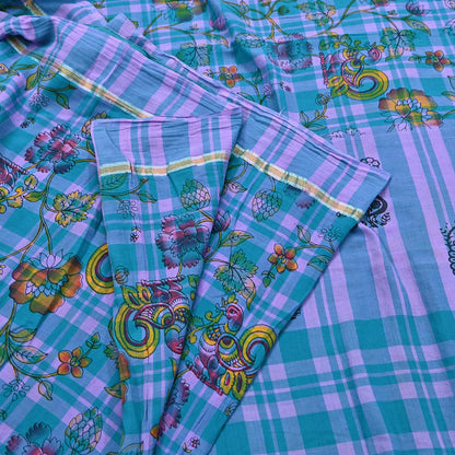 Indian Vintage Sari Green & Purple Printed 100% Pure Cotton Sarees Craft Fabric 5Yd Sewing Sarong Wrap Boho Quilting Crafting zari border