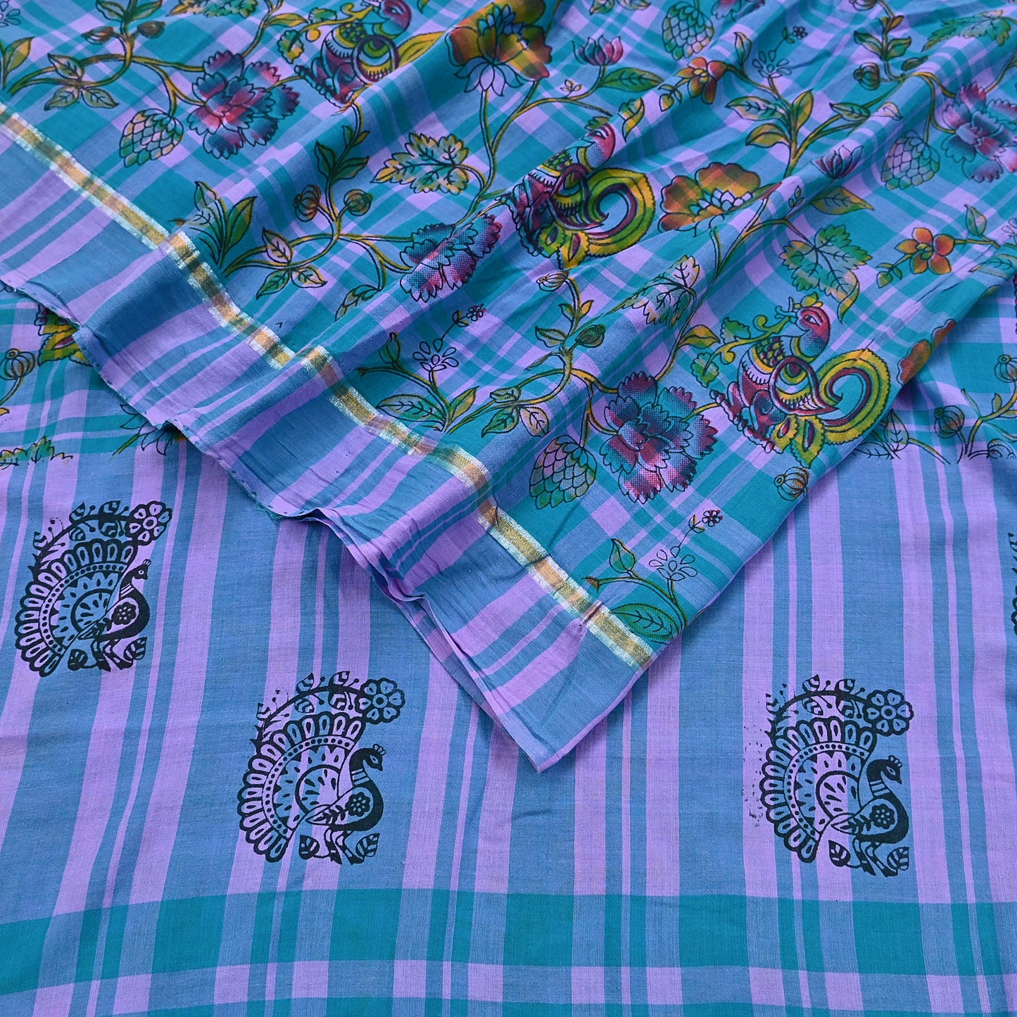 Indian Vintage Sari Green & Purple Printed 100% Pure Cotton Sarees Craft Fabric 5Yd Sewing Sarong Wrap Boho Quilting Crafting zari border