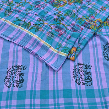 Indian Vintage Sari Green & Purple Printed 100% Pure Cotton Sarees Craft Fabric 5Yd Sewing Sarong Wrap Boho Quilting Crafting zari border