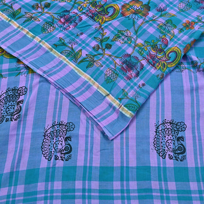 Indian Vintage Sari Green & Purple Printed 100% Pure Cotton Sarees Craft Fabric 5Yd Sewing Sarong Wrap Boho Quilting Crafting zari border