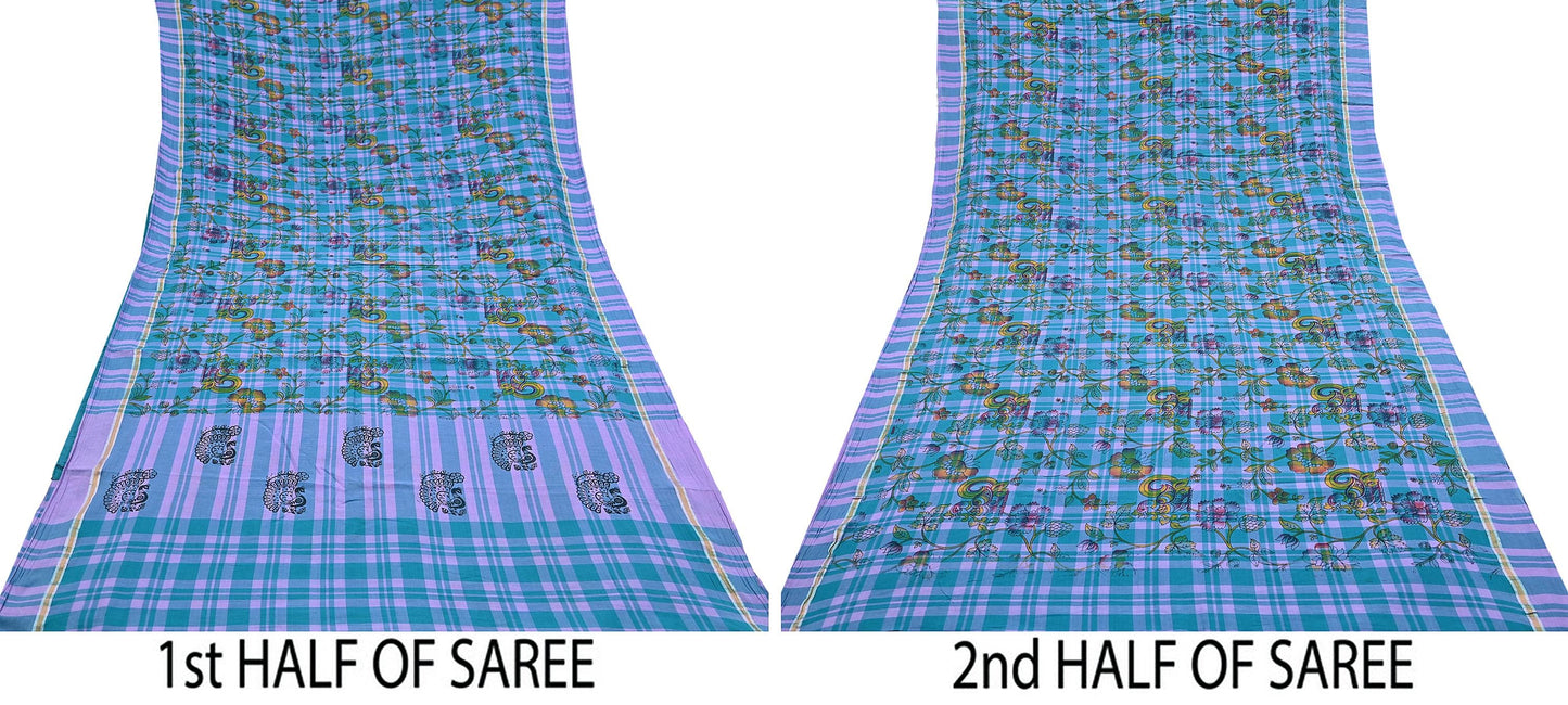 Indian Vintage Sari Green & Purple Printed 100% Pure Cotton Sarees Craft Fabric 5Yd Sewing Sarong Wrap Boho Quilting Crafting zari border