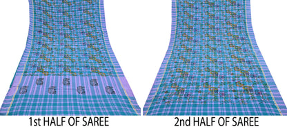 Indian Vintage Sari Green & Purple Printed 100% Pure Cotton Sarees Craft Fabric 5Yd Sewing Sarong Wrap Boho Quilting Crafting zari border