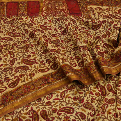 Indian Vintage Sari Beige chanderi Silk Bagru Printed Saree 5Yd Fabric Floral Soft Zari Border Ethnic Upcycle Crafting Dress making