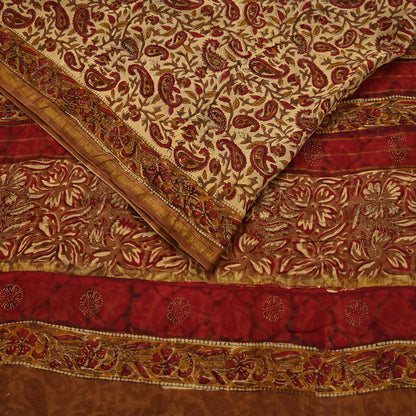 Indian Vintage Sari Beige chanderi Silk Bagru Printed Saree 5Yd Fabric Floral Soft Zari Border Ethnic Upcycle Crafting Dress making