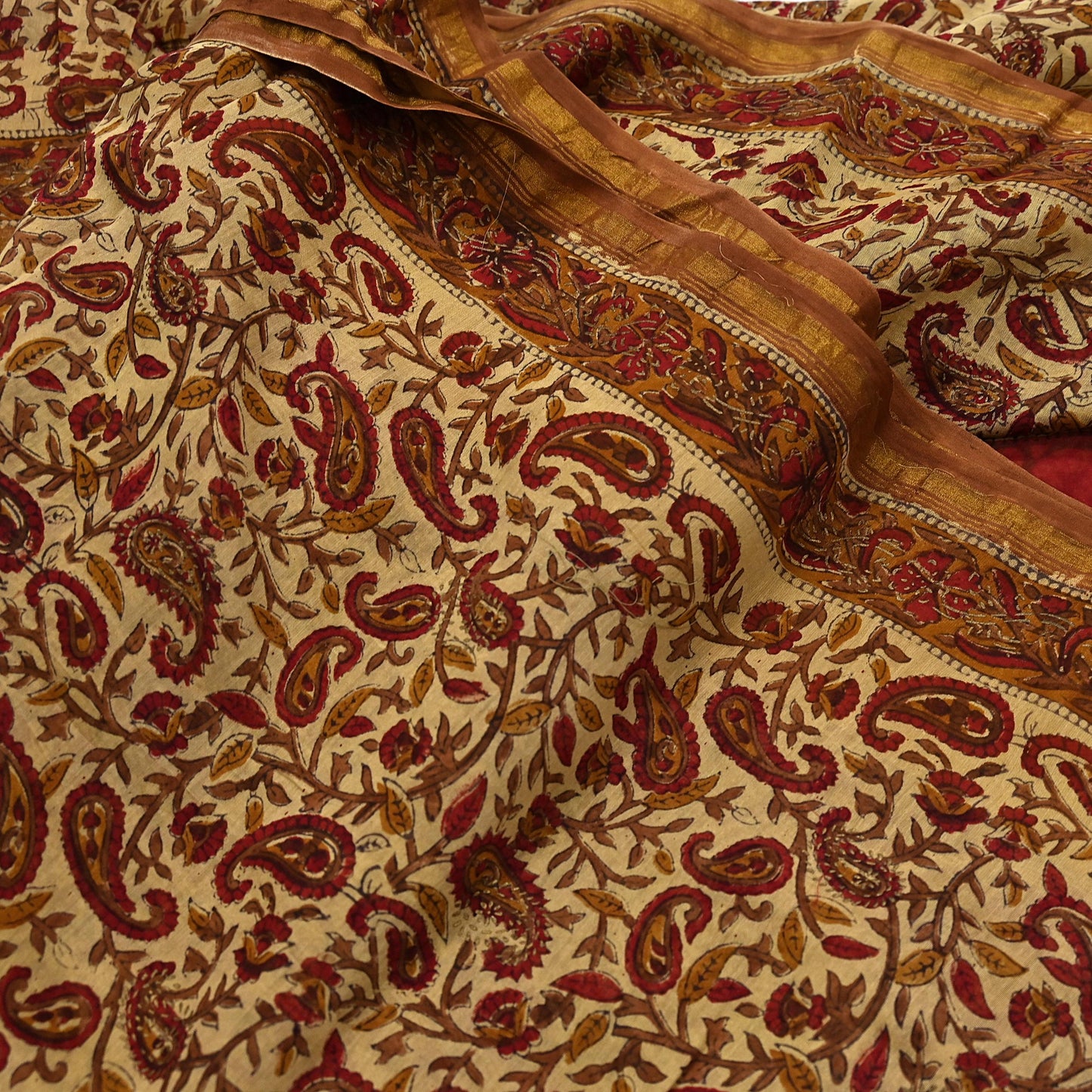 Indian Vintage Sari Beige chanderi Silk Bagru Printed Saree 5Yd Fabric Floral Soft Zari Border Ethnic Upcycle Crafting Dress making