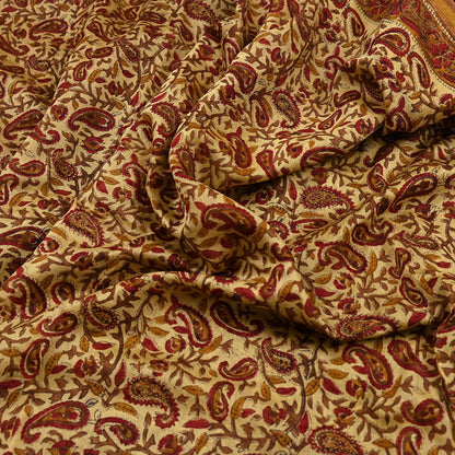 Indian Vintage Sari Beige chanderi Silk Bagru Printed Saree 5Yd Fabric Floral Soft Zari Border Ethnic Upcycle Crafting Dress making