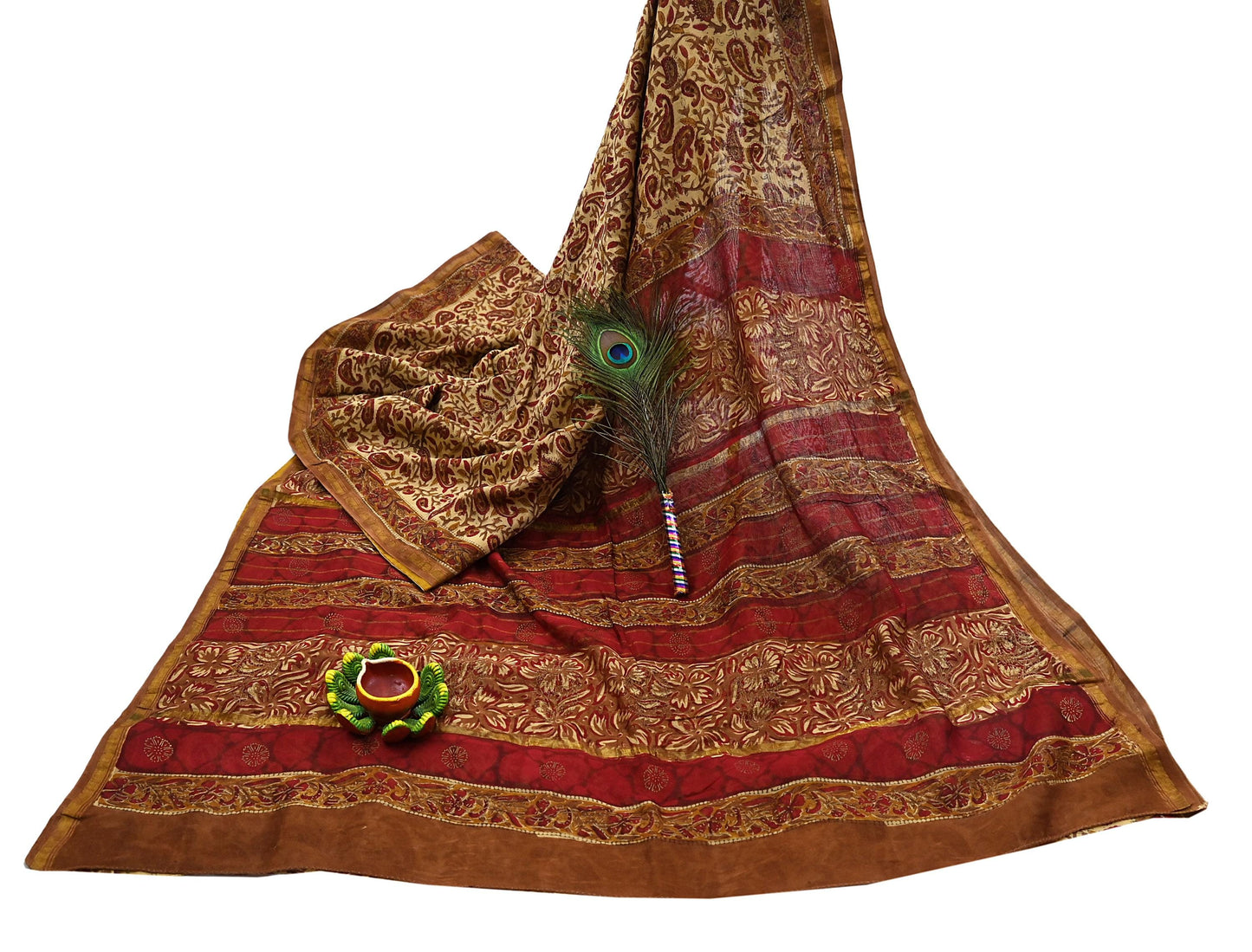 Indian Vintage Sari Beige chanderi Silk Bagru Printed Saree 5Yd Fabric Floral Soft Zari Border Ethnic Upcycle Crafting Dress making