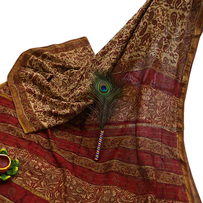 Indian Vintage Sari Beige chanderi Silk Bagru Printed Saree 5Yd Fabric Floral Soft Zari Border Ethnic Upcycle Crafting Dress making