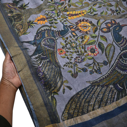 Indian Vintage Sari Gray  Blend Silk Woven Digital Printed Saree Craft Fabric 5yd Soft Dress Designing Crafting Quilting Zari Border