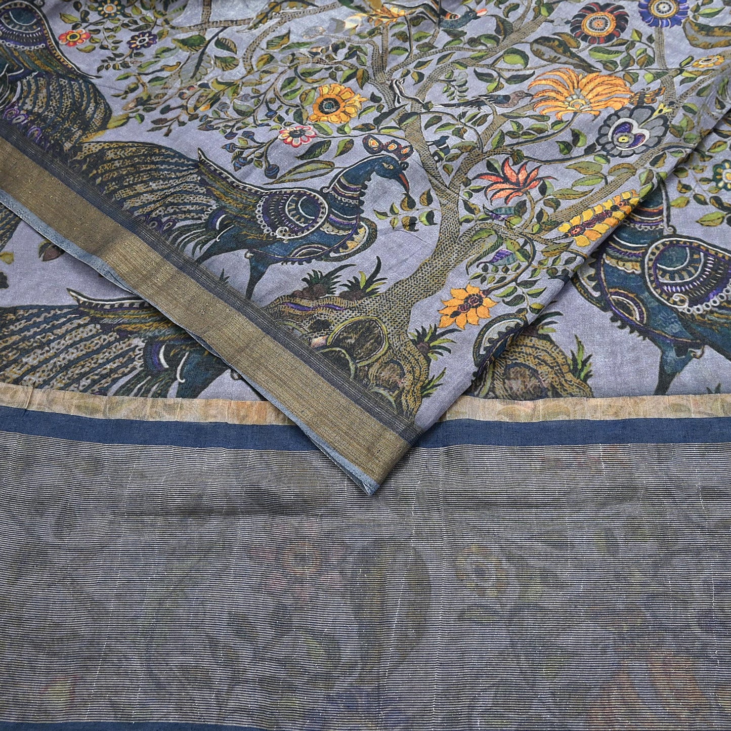 Indian Vintage Sari Gray  Blend Silk Woven Digital Printed Saree Craft Fabric 5yd Soft Dress Designing Crafting Quilting Zari Border