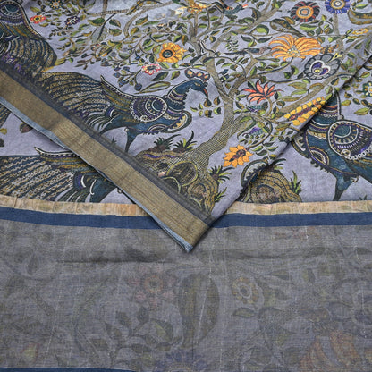 Indian Vintage Sari Gray  Blend Silk Woven Digital Printed Saree Craft Fabric 5yd Soft Dress Designing Crafting Quilting Zari Border