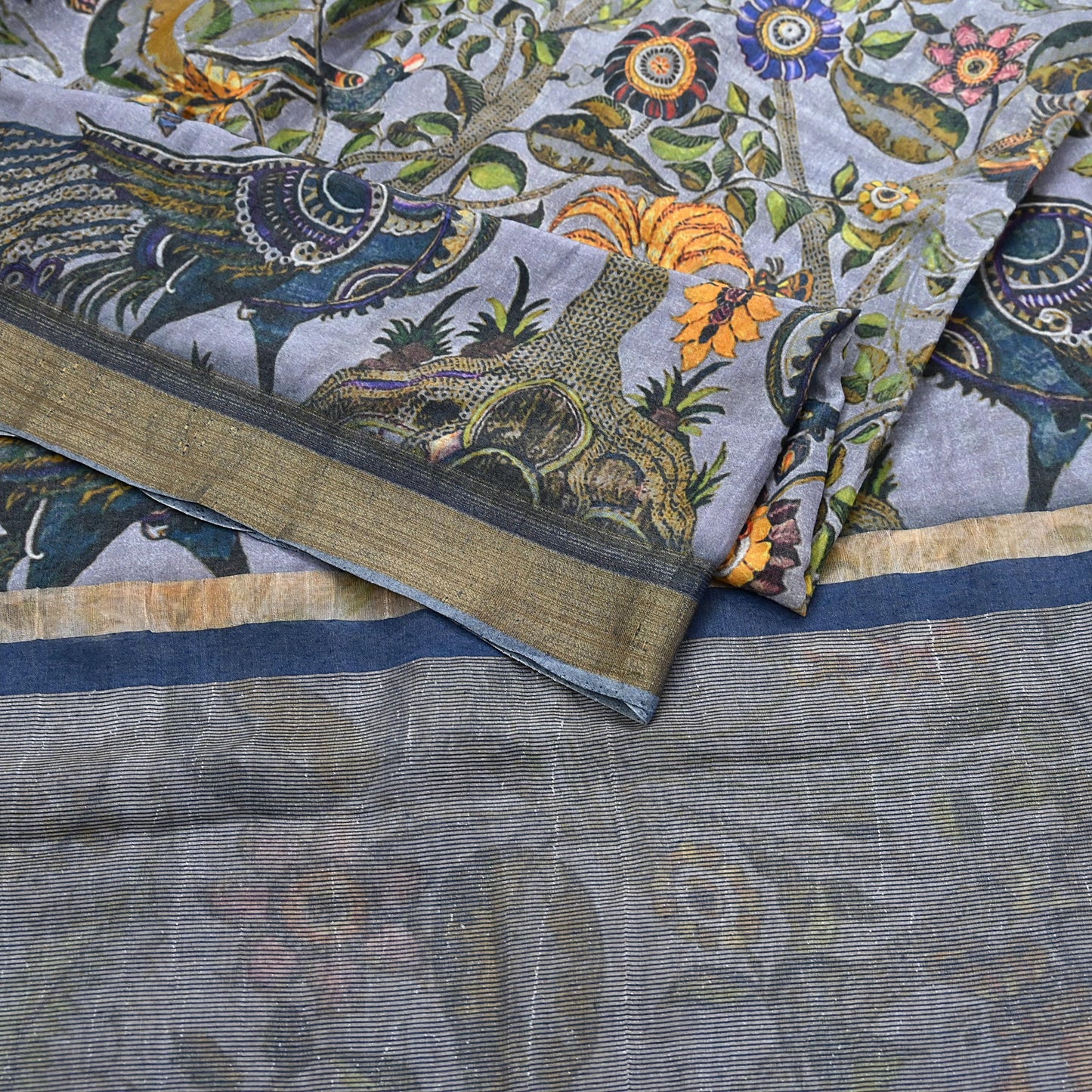 Indian Vintage Sari Gray  Blend Silk Woven Digital Printed Saree Craft Fabric 5yd Soft Dress Designing Crafting Quilting Zari Border