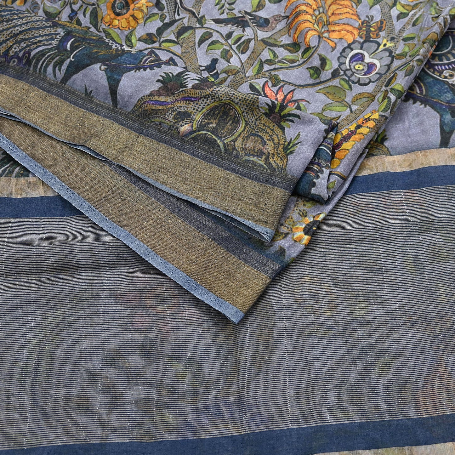 Indian Vintage Sari Gray  Blend Silk Woven Digital Printed Saree Craft Fabric 5yd Soft Dress Designing Crafting Quilting Zari Border