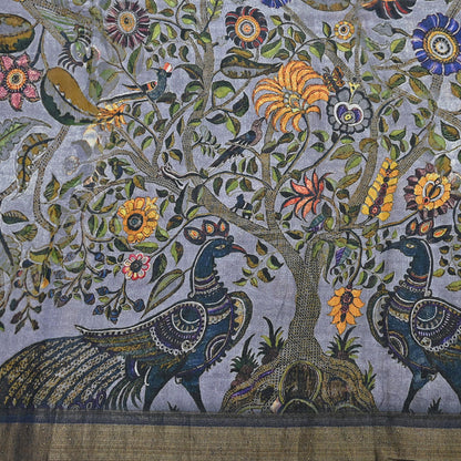 Indian Vintage Sari Gray  Blend Silk Woven Digital Printed Saree Craft Fabric 5yd Soft Dress Designing Crafting Quilting Zari Border