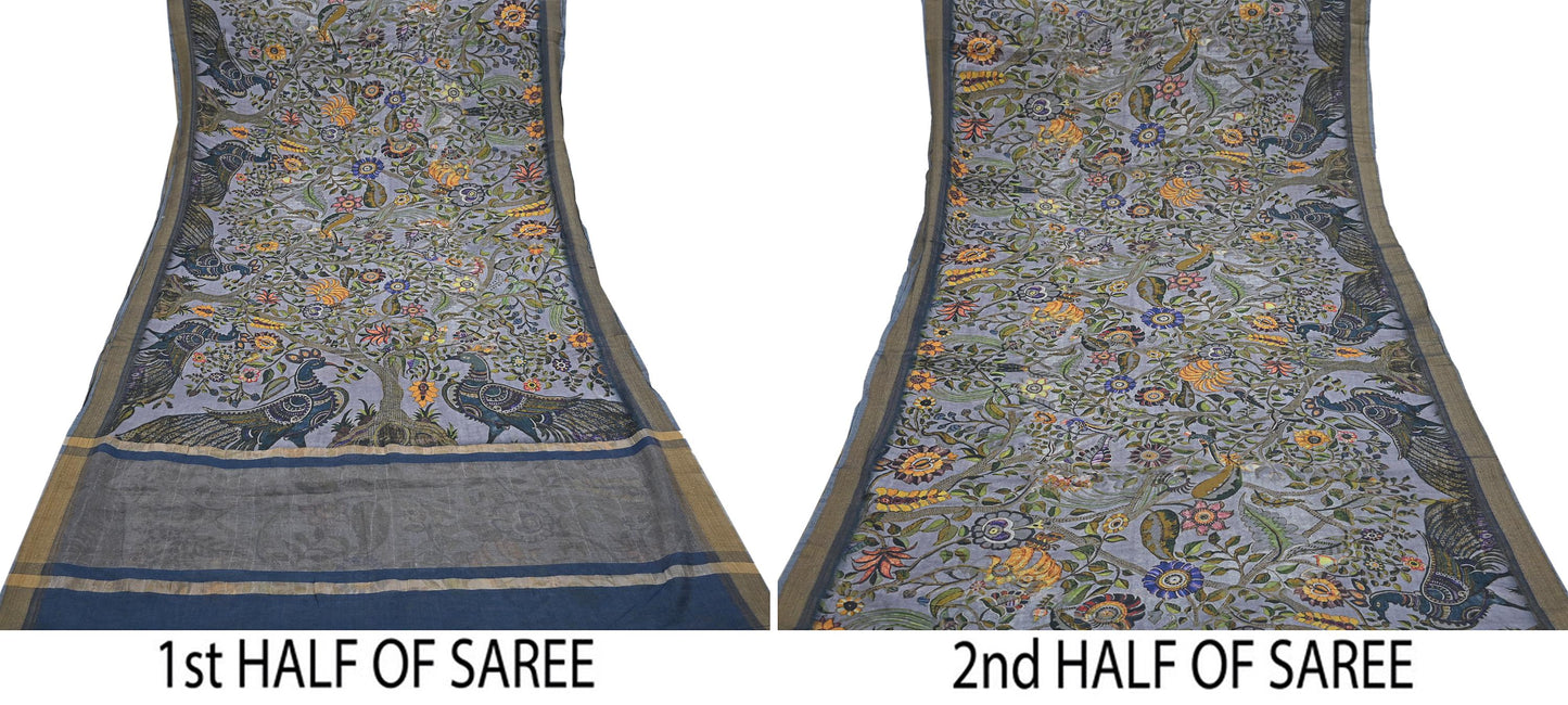 Indian Vintage Sari Gray  Blend Silk Woven Digital Printed Saree Craft Fabric 5yd Soft Dress Designing Crafting Quilting Zari Border