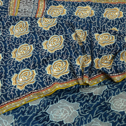 Indian Vintage Blue Saree Pure Georgette Silk Hand Embroidered Sari Craft Fabric 5yd Sewing Floral Soft Sequins Dress making