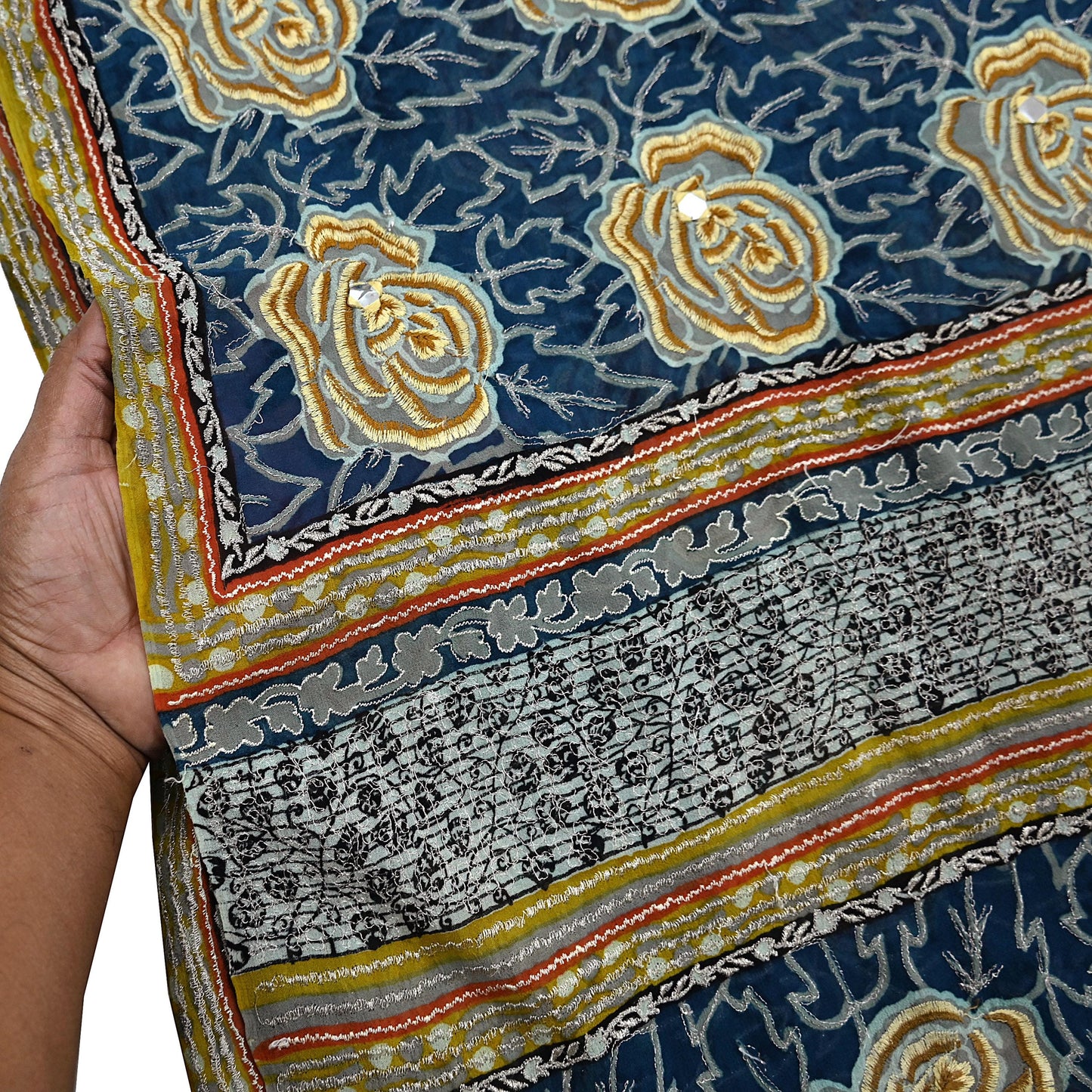 Indian Vintage Blue Saree Pure Georgette Silk Hand Embroidered Sari Craft Fabric 5yd Sewing Floral Soft Sequins Dress making