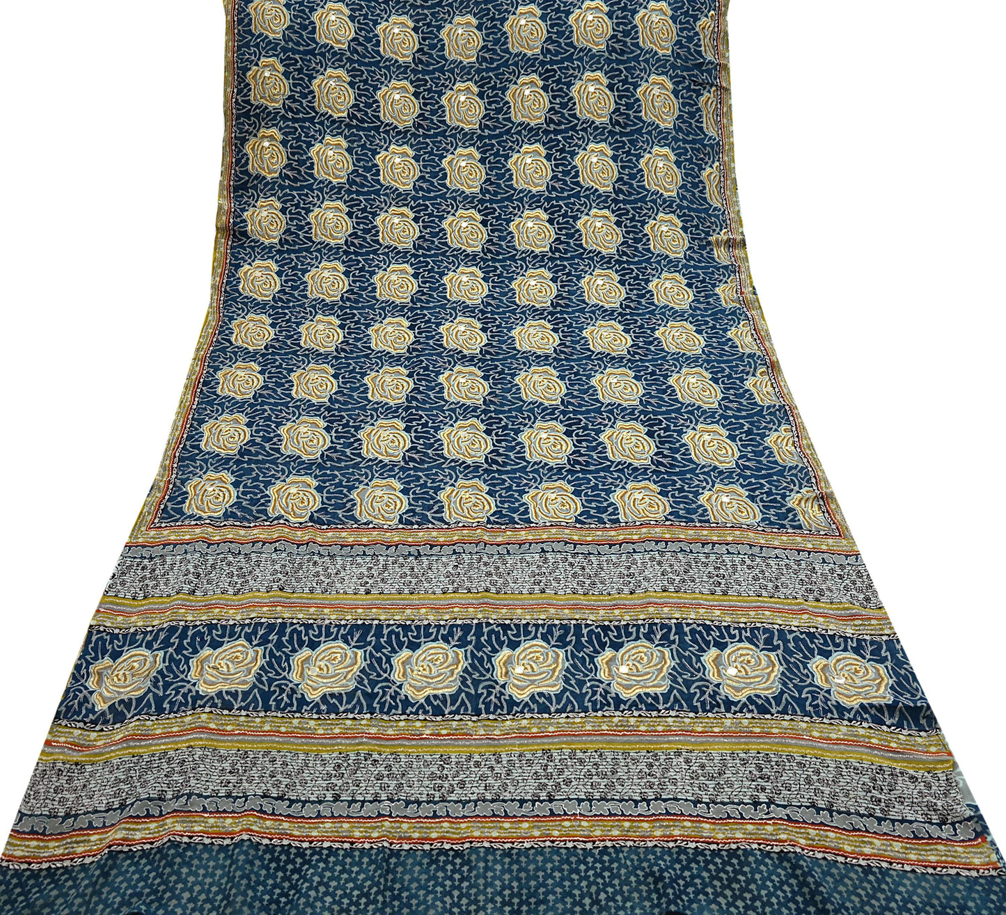 Indian Vintage Blue Saree Pure Georgette Silk Hand Embroidered Sari Craft Fabric 5yd Sewing Floral Soft Sequins Dress making