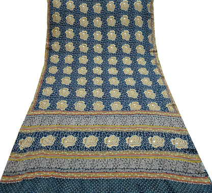 Indian Vintage Blue Saree Pure Georgette Silk Hand Embroidered Sari Craft Fabric 5yd Sewing Floral Soft Sequins Dress making