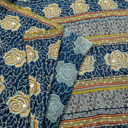 Indian Vintage Blue Saree Pure Georgette Silk Hand Embroidered Sari Craft Fabric 5yd Sewing Floral Soft Sequins Dress making