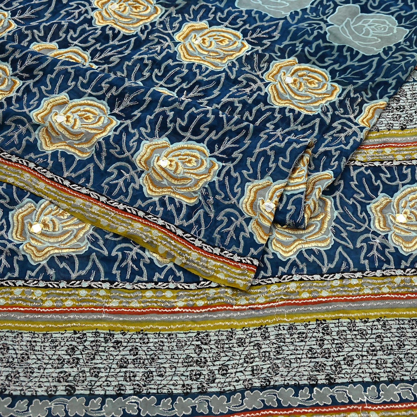 Indian Vintage Blue Saree Pure Georgette Silk Hand Embroidered Sari Craft Fabric 5yd Sewing Floral Soft Sequins Dress making