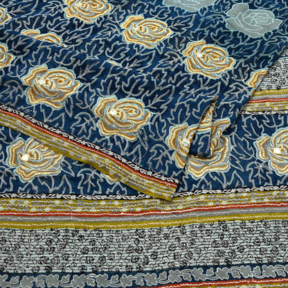 Indian Vintage Blue Saree Pure Georgette Silk Hand Embroidered Sari Craft Fabric 5yd Sewing Floral Soft Sequins Dress making