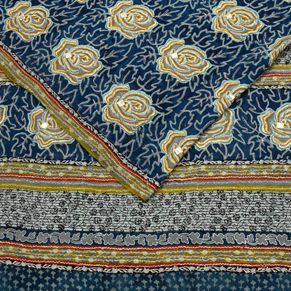 Indian Vintage Blue Saree Pure Georgette Silk Hand Embroidered Sari Craft Fabric 5yd Sewing Floral Soft Sequins Dress making
