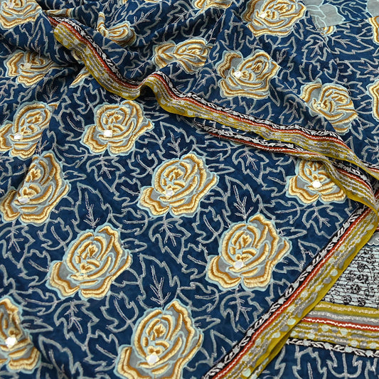 Indian Vintage Blue Saree Pure Georgette Silk Hand Embroidered Sari Craft Fabric 5yd Sewing Floral Soft Sequins Dress making
