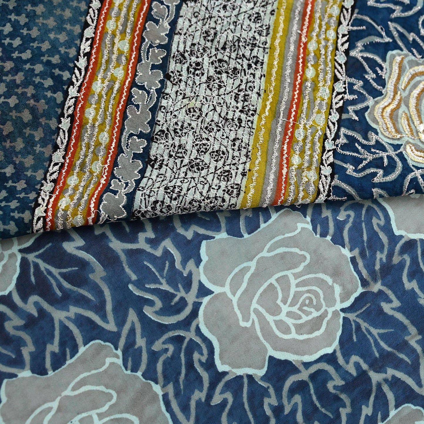 Indian Vintage Blue Saree Pure Georgette Silk Hand Embroidered Sari Craft Fabric 5yd Sewing Floral Soft Sequins Dress making