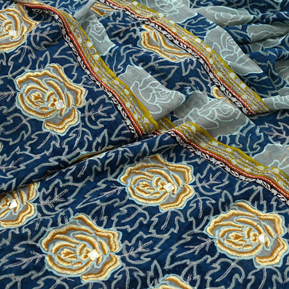 Indian Vintage Blue Saree Pure Georgette Silk Hand Embroidered Sari Craft Fabric 5yd Sewing Floral Soft Sequins Dress making