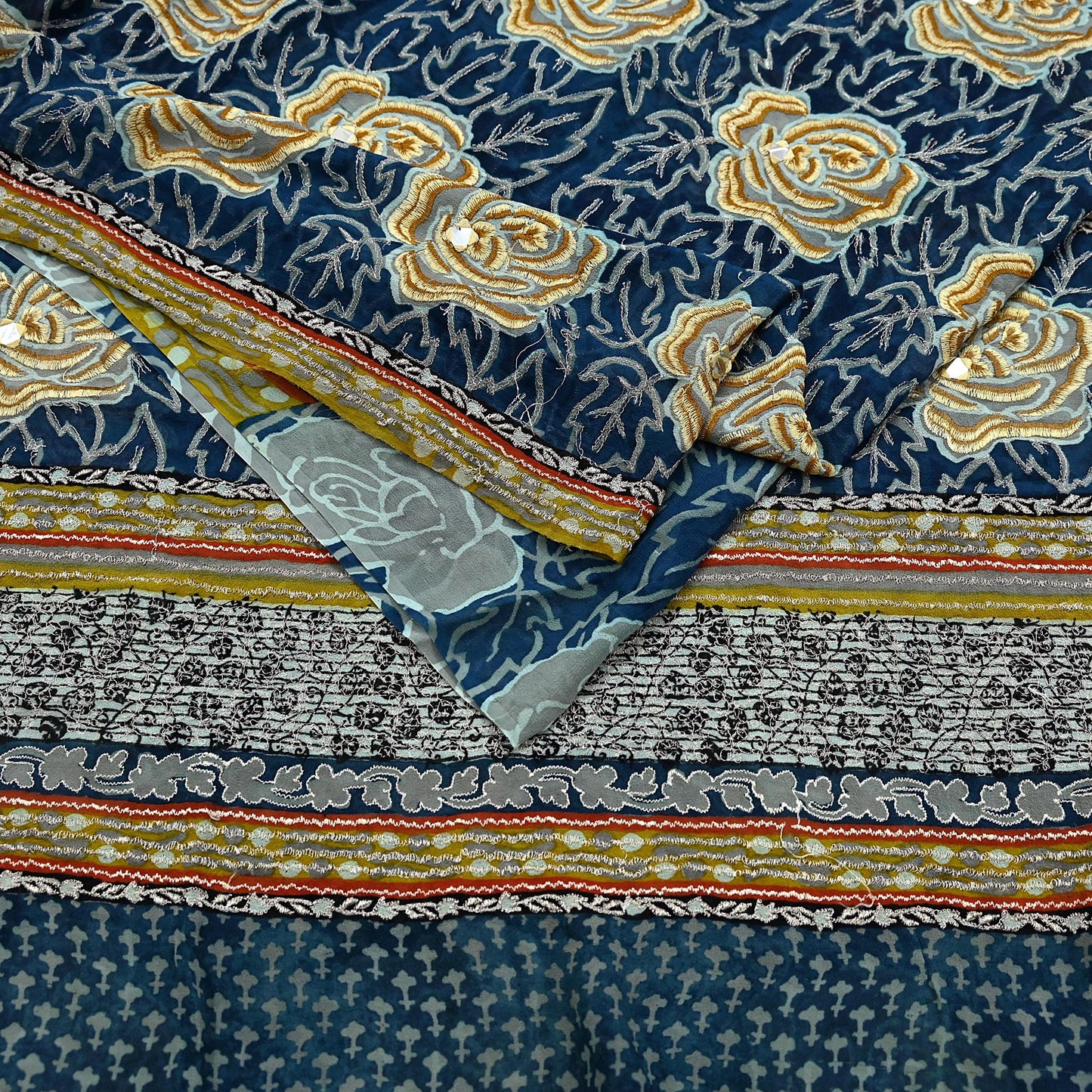 Indian Vintage Blue Saree Pure Georgette Silk Hand Embroidered Sari Craft Fabric 5yd Sewing Floral Soft Sequins Dress making