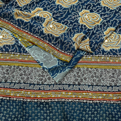 Indian Vintage Blue Saree Pure Georgette Silk Hand Embroidered Sari Craft Fabric 5yd Sewing Floral Soft Sequins Dress making