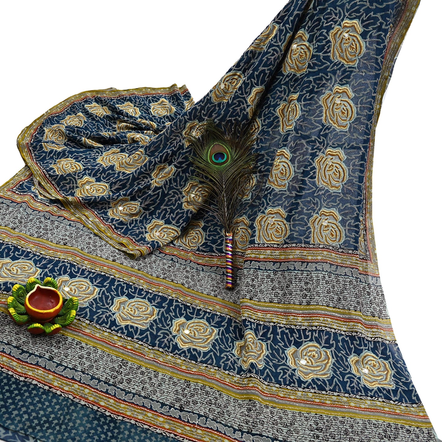 Indian Vintage Blue Saree Pure Georgette Silk Hand Embroidered Sari Craft Fabric 5yd Sewing Floral Soft Sequins Dress making