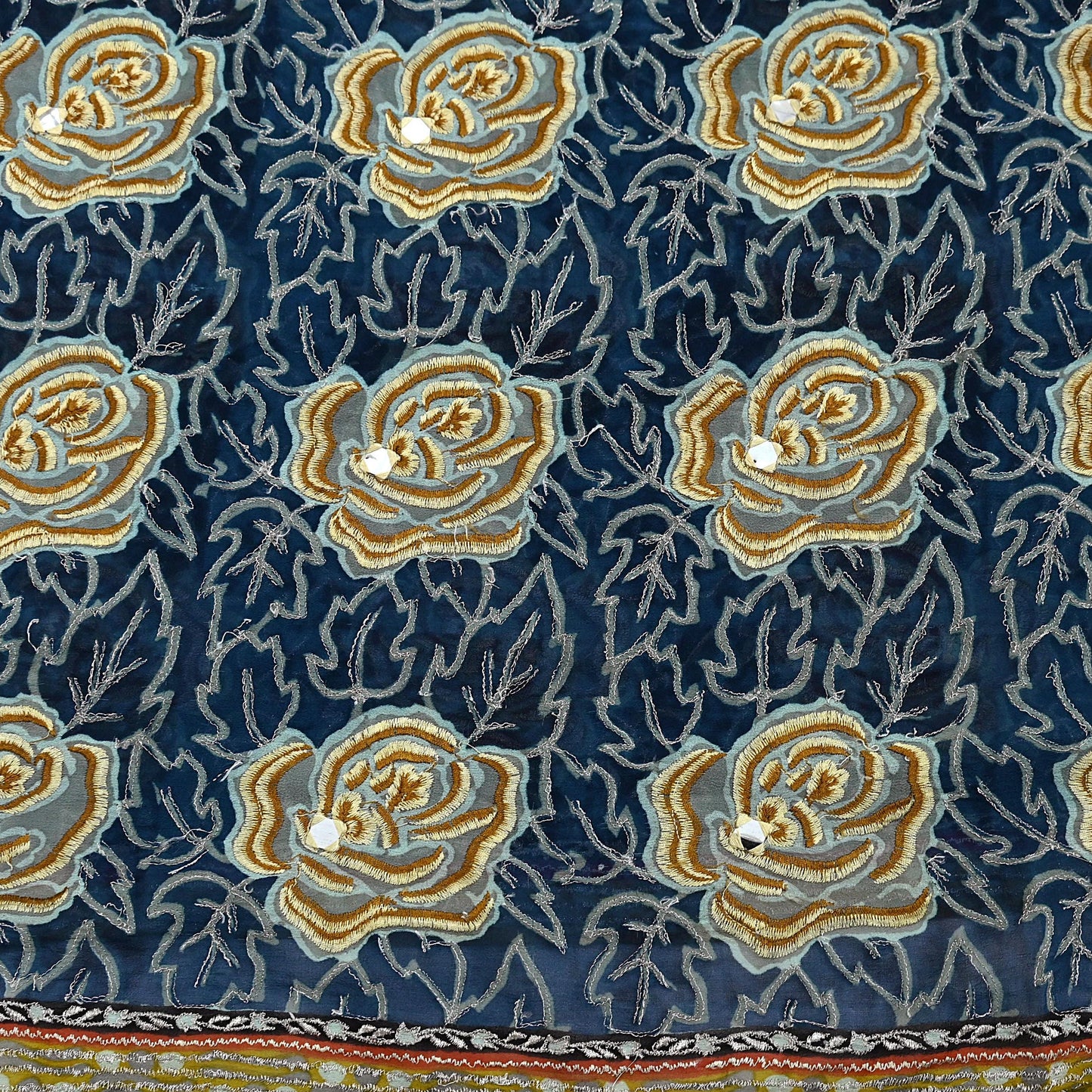 Indian Vintage Blue Saree Pure Georgette Silk Hand Embroidered Sari Craft Fabric 5yd Sewing Floral Soft Sequins Dress making