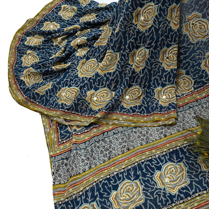 Indian Vintage Blue Saree Pure Georgette Silk Hand Embroidered Sari Craft Fabric 5yd Sewing Floral Soft Sequins Dress making
