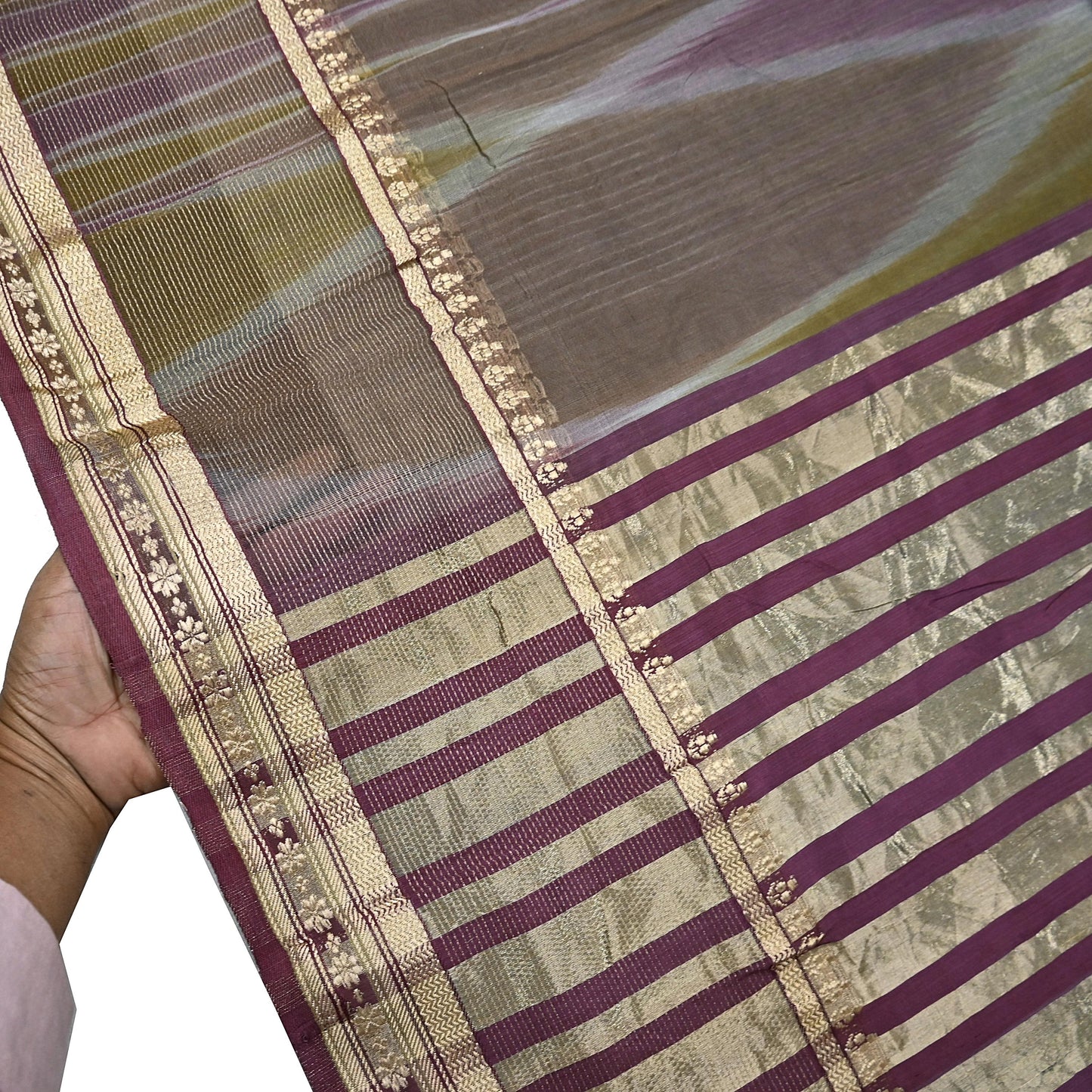 Indian Vintage Sari Green & Purple Pure Organza Silk Hand Woven Sarees 5Yd Zari Border Ethnic Craft Fabric Bollywood Sarees Crafting Upcycle