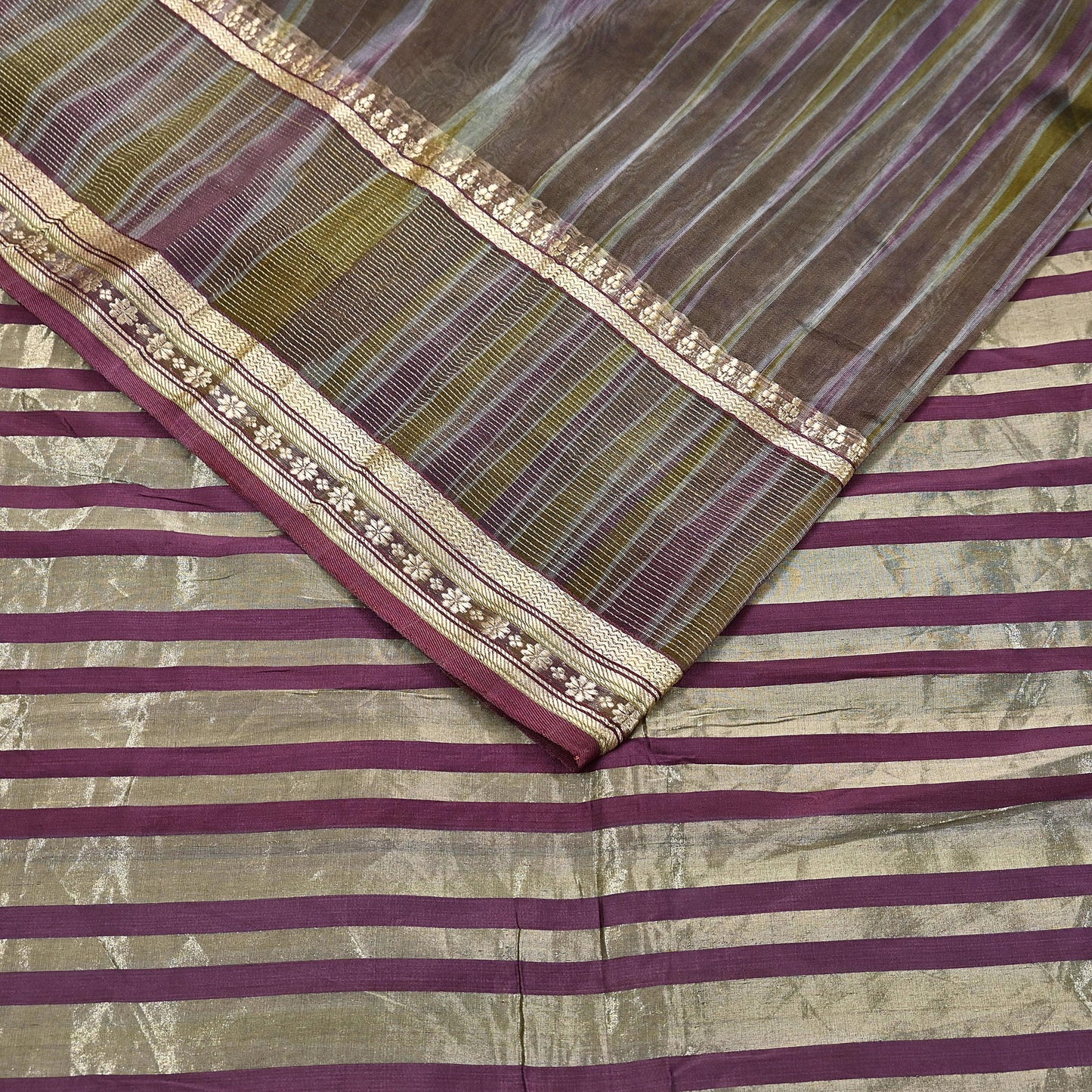 Indian Vintage Sari Green & Purple Pure Organza Silk Hand Woven Sarees 5Yd Zari Border Ethnic Craft Fabric Bollywood Sarees Crafting Upcycle