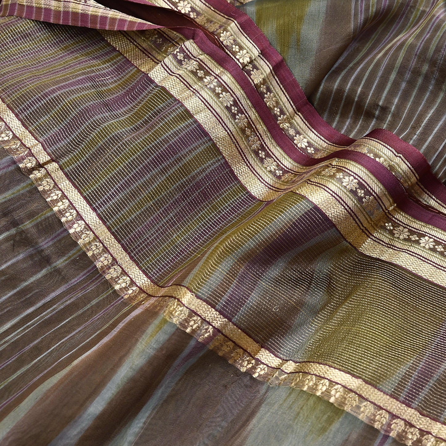 Indian Vintage Sari Green & Purple Pure Organza Silk Hand Woven Sarees 5Yd Zari Border Ethnic Craft Fabric Bollywood Sarees Crafting Upcycle