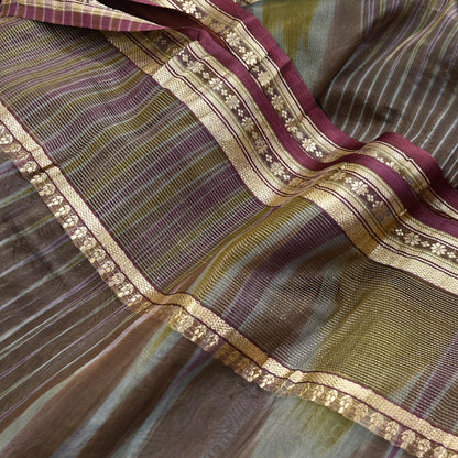 Indian Vintage Sari Green & Purple Pure Organza Silk Hand Woven Sarees 5Yd Zari Border Ethnic Craft Fabric Bollywood Sarees Crafting Upcycle