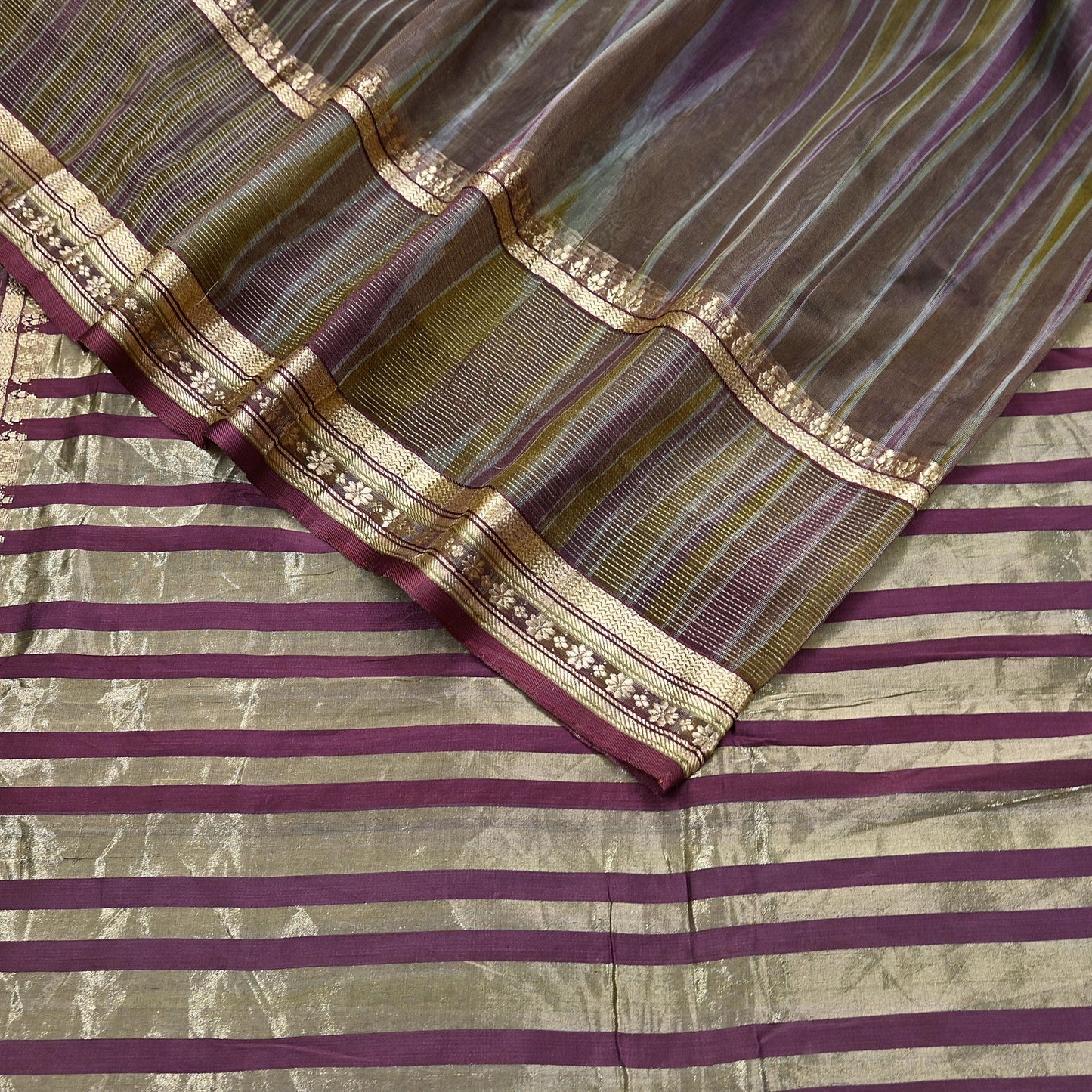 Indian Vintage Sari Green & Purple Pure Organza Silk Hand Woven Sarees 5Yd Zari Border Ethnic Craft Fabric Bollywood Sarees Crafting Upcycle
