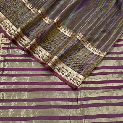 Indian Vintage Sari Green & Purple Pure Organza Silk Hand Woven Sarees 5Yd Zari Border Ethnic Craft Fabric Bollywood Sarees Crafting Upcycle