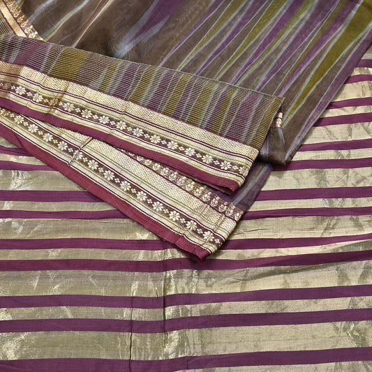 Indian Vintage Sari Green & Purple Pure Organza Silk Hand Woven Sarees 5Yd Zari Border Ethnic Craft Fabric Bollywood Sarees Crafting Upcycle