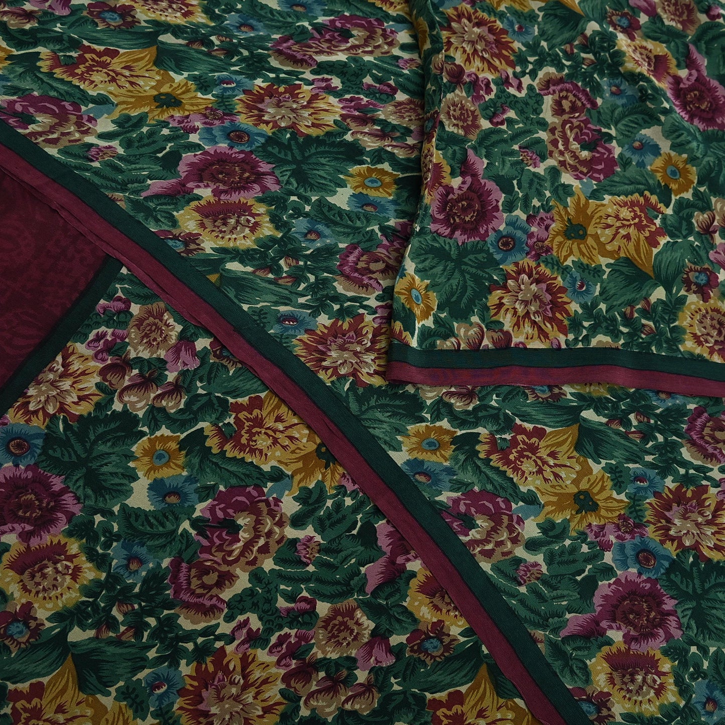 Indian Vintage Sari Green Pure Crepe Silk Printed Sarees 5yd Sewing Floral Soft Craft Fabric Wrap Dress Making Crafting Quilting Upcycle