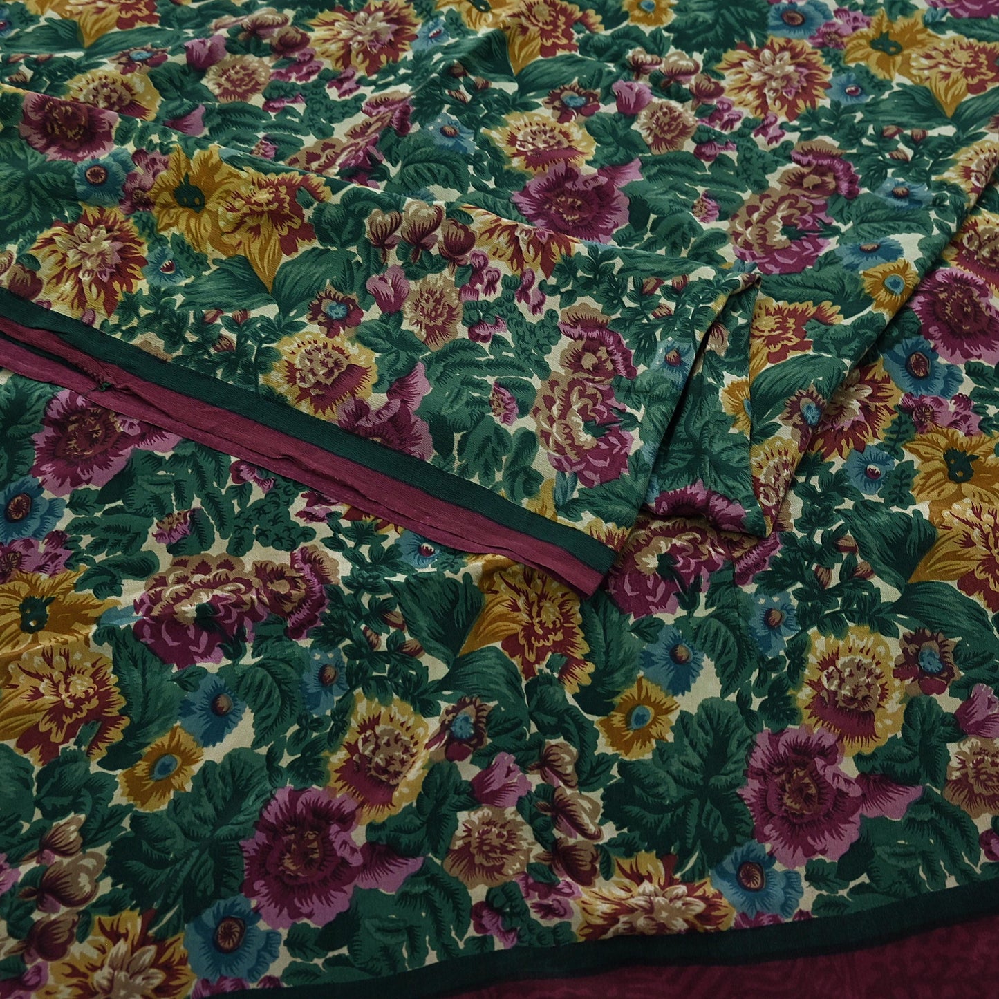 Indian Vintage Sari Green Pure Crepe Silk Printed Sarees 5yd Sewing Floral Soft Craft Fabric Wrap Dress Making Crafting Quilting Upcycle