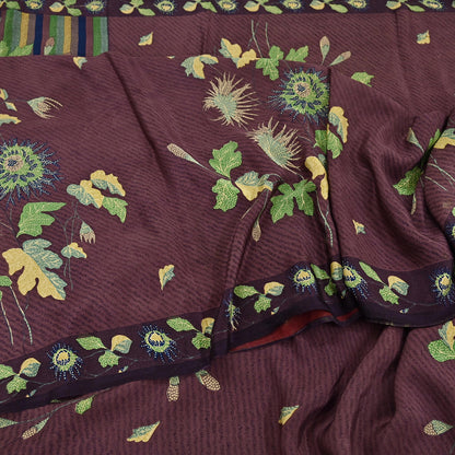 Indian Vintage Purple Pure Crepe Silk Saree Floral Print 6 Yards Soft Sewing Fabric for Dressmaking, Quilting, Crafting Upcycling