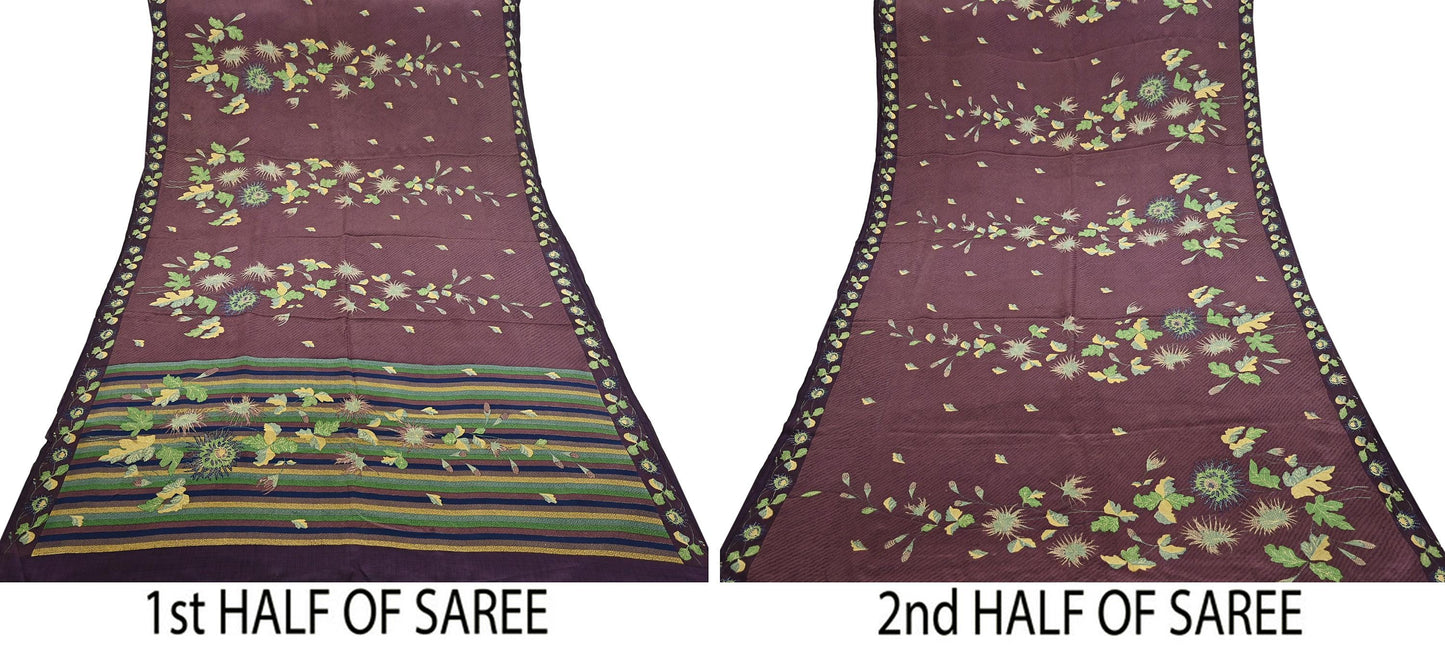 Indian Vintage Purple Pure Crepe Silk Saree Floral Print 6 Yards Soft Sewing Fabric for Dressmaking, Quilting, Crafting Upcycling