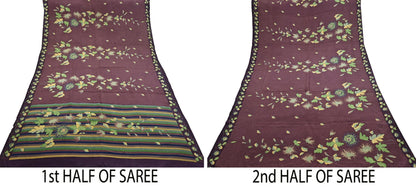 Indian Vintage Purple Pure Crepe Silk Saree Floral Print 6 Yards Soft Sewing Fabric for Dressmaking, Quilting, Crafting Upcycling