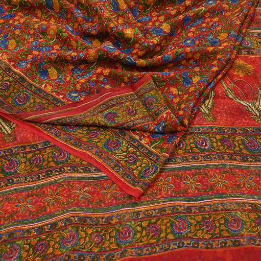 Women Vintage Sari Red 100% Pure Georgette Silk Block Printed Saree Craft Fabric Sewing 5Yard Soft Sari Dress Making
