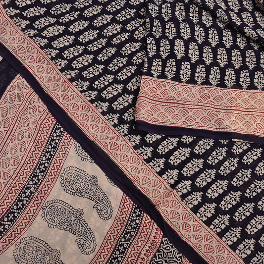 Indian Vintage Sari Black & beige 100% Pure Georgette Silk Block Printed Sarees Sewing 5yd Craft Soft Dress Designing for Crafting Floral