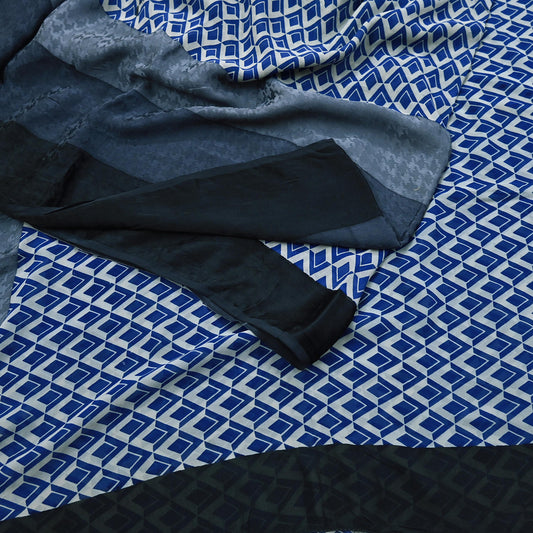 Indian Vintage Blue & white Saree 100% Pure Georgette Silk Hand Printed Sari Sewing 5yd Craft Soft Dress Designing for Crafting